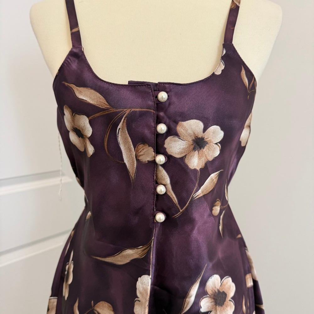 Vintage Purple Floral Satin Slip Dress Mini Faux Pearl Buttons Back Tie - Picture 2 of 12